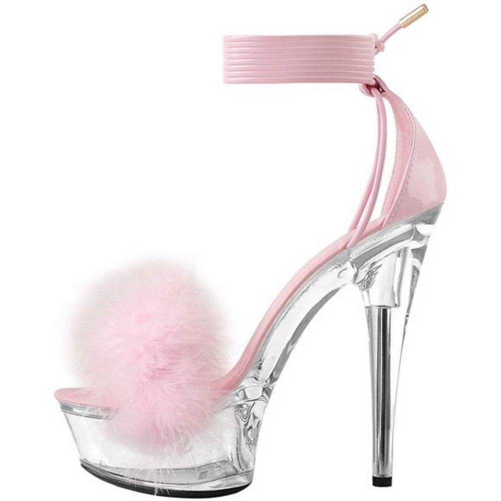 💋RESERVED: MissHeel LACE UP CLEAR PLATFORM HEELS FLUFFY STILETTO SANDALS!!!